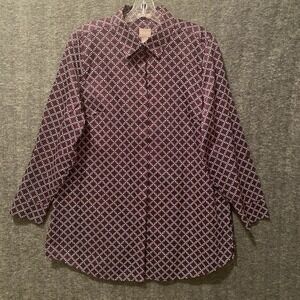 Chicos Shirt Womens 1 Medium Purple White Roll Tab No Iron Button Up‎ Top Career